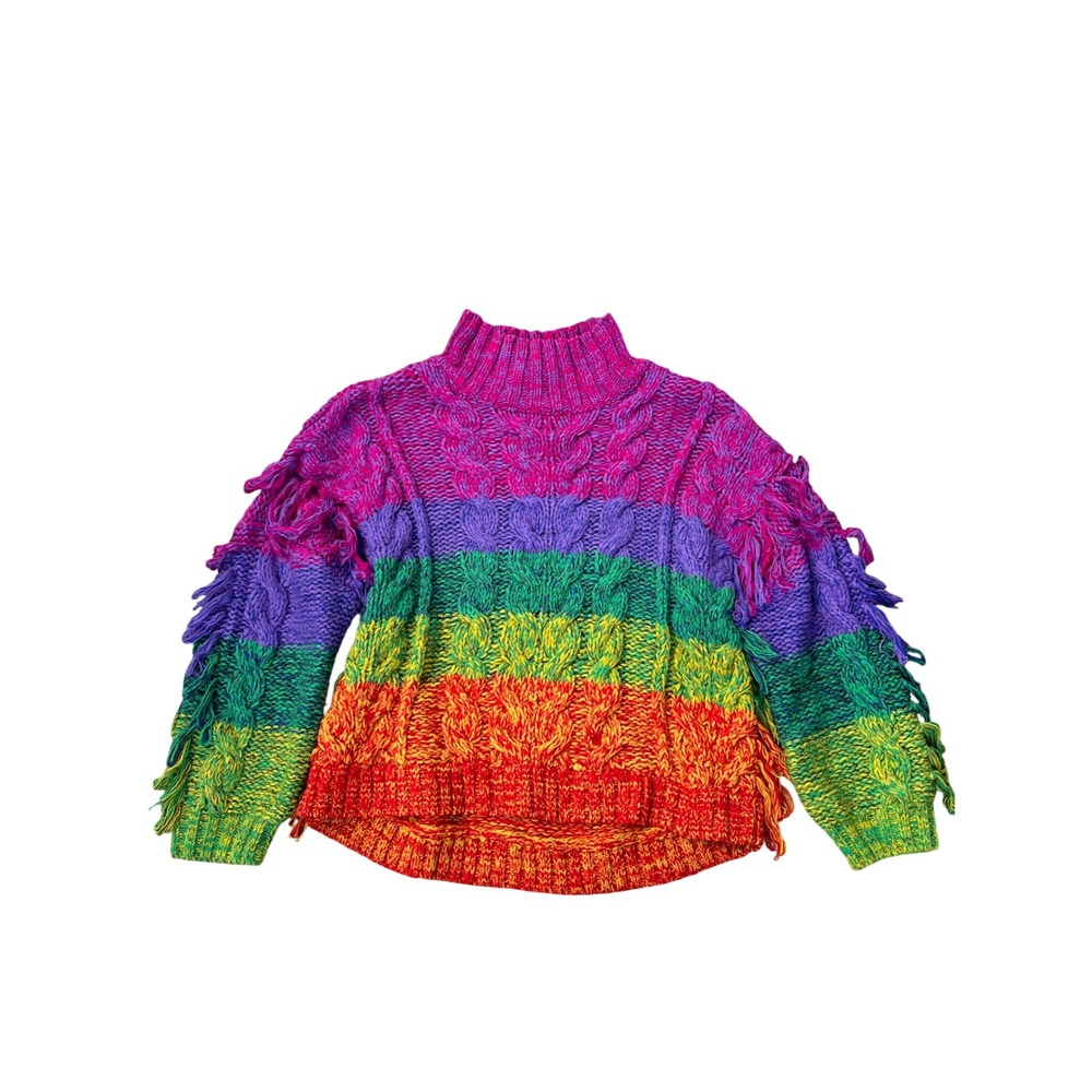 FARM Rio Rainbow Cable-Knit Fringe Turtleneck Sweater